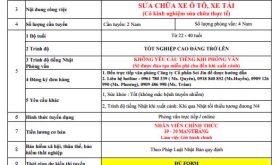 TUYỂN 4 KTV CÓ KINH NGHIỆM SỬA CHỮA Ô TÔ, XE TẢI THỰC TẾ